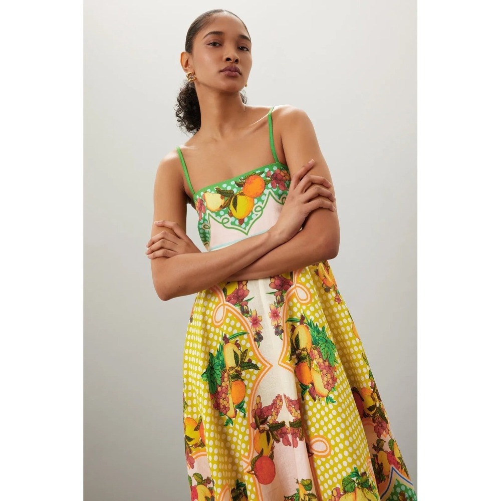 ALÉMAIS Alemais Lemonis Sundress Citrus Print Linen Midi Dress Size 8 - Picture 11 of 12